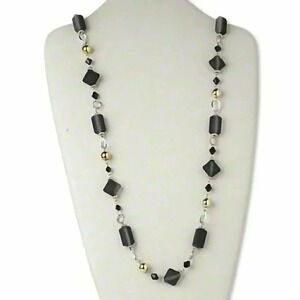 Handcrafted Long Black Gold and Silver Geometric Beads Necklace